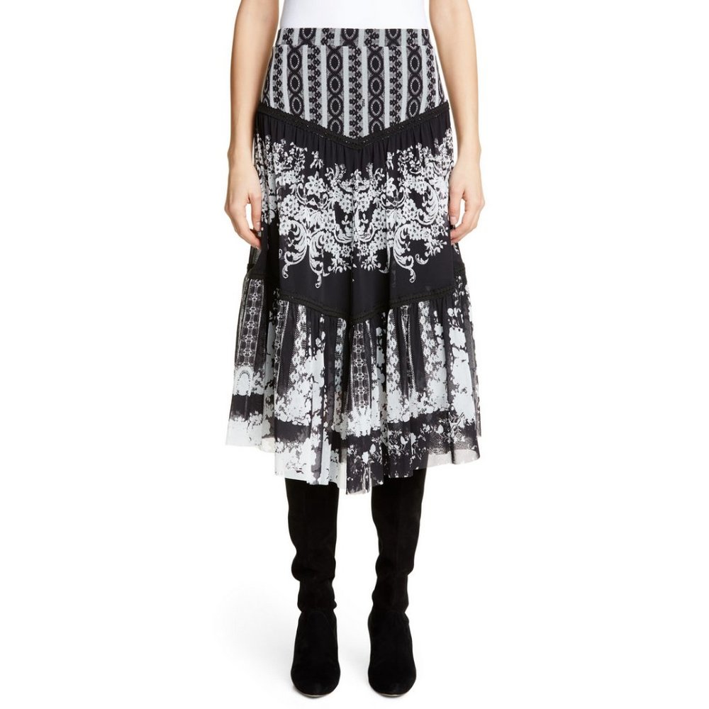 New Fuzzi Jean Paul Gaultier Lace Print Tiered Skirt S